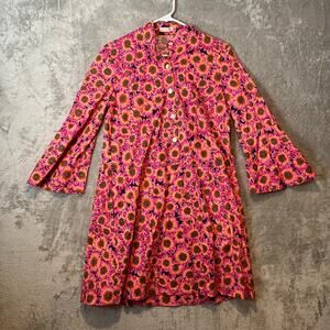 Cheeky Vintage Mod Floral Mini Dress Groovy Pink Sunflower Print Bell Sleeves SM